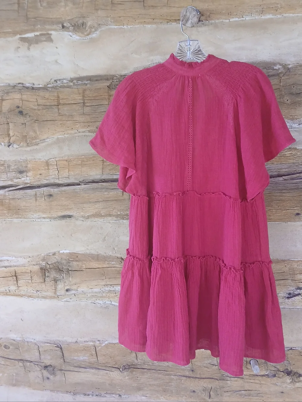 Karlie Red Flutter Sleeve Tiered Linen Cotton Mini Dress Medium - Picture 5 of 9